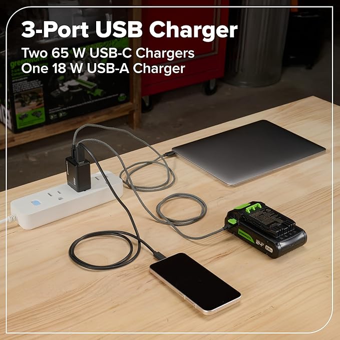 Greenworks 24V Cordless Brushless 400 in-lbs Drill/Driver, Lightweight, LED Work Light,18+1 Clutch, 2.0Ah USB-C Battery (12,000mAh Power Bank),30W USB-C Charger and USB C to USB C Cable(3.3FT)