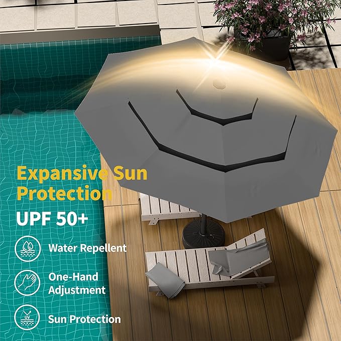 Kingdura 9ft 3-Tier Patio Umbrella with Solar Lights, Table Umbrella Outdoor Patio with Easy Crank & Tilt, 8 Sturdy Ribs, UV Protection, 32 LED Lights for Deck, Poolside, Market (Grey)