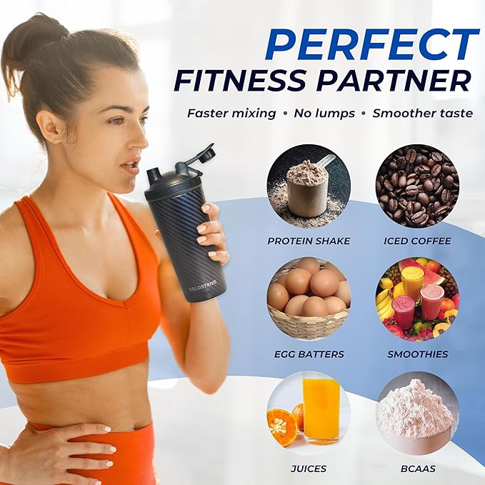 Black Carbon Fiber Stainless Steel Shaker Bottle For Protein - Gym Water Bottle & Mixer Bottle - 24 Oz, Internal Measure, Rubber Bottom, and Brush - Leak Proof & BPA Free Metal Blender Bottle