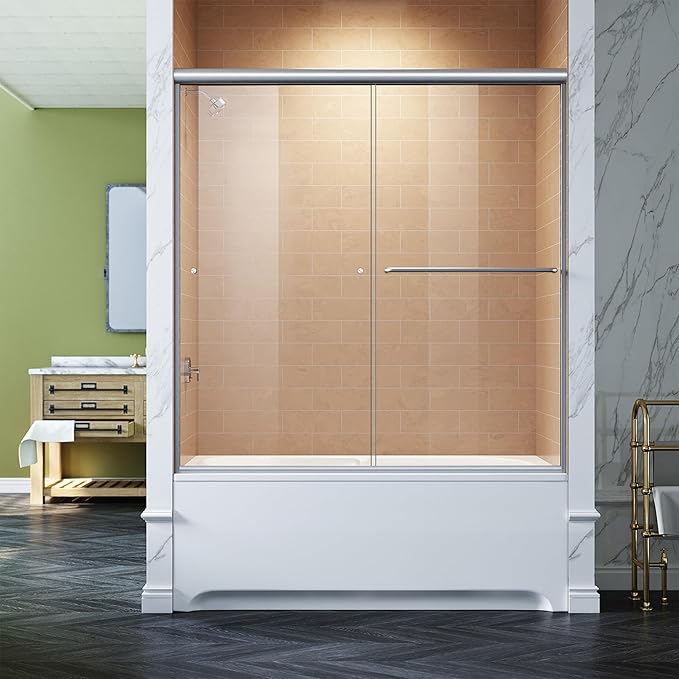 SUNNY SHOWER Bathtub Shower Door 60" W x 62" H Semi-Frameless Double Sliding Design Glass Shower Tub Door, Brushed Nickel Finish
