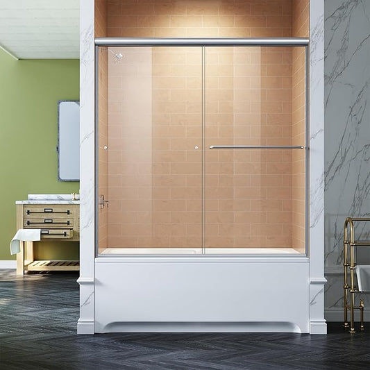 SUNNY SHOWER Bathtub Shower Door 60" W x 62" H Semi-Frameless Double Sliding Design Glass Shower Tub Door, Brushed Nickel Finish