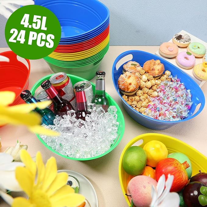 Norme 24 Pcs Oval Storage Tub with Handles, 4.5L Plastic Ice Bucket Wine Beer Champagne Bottle Drink Cooler Tub for Parties Beverage, Storage Basket (Colorful)