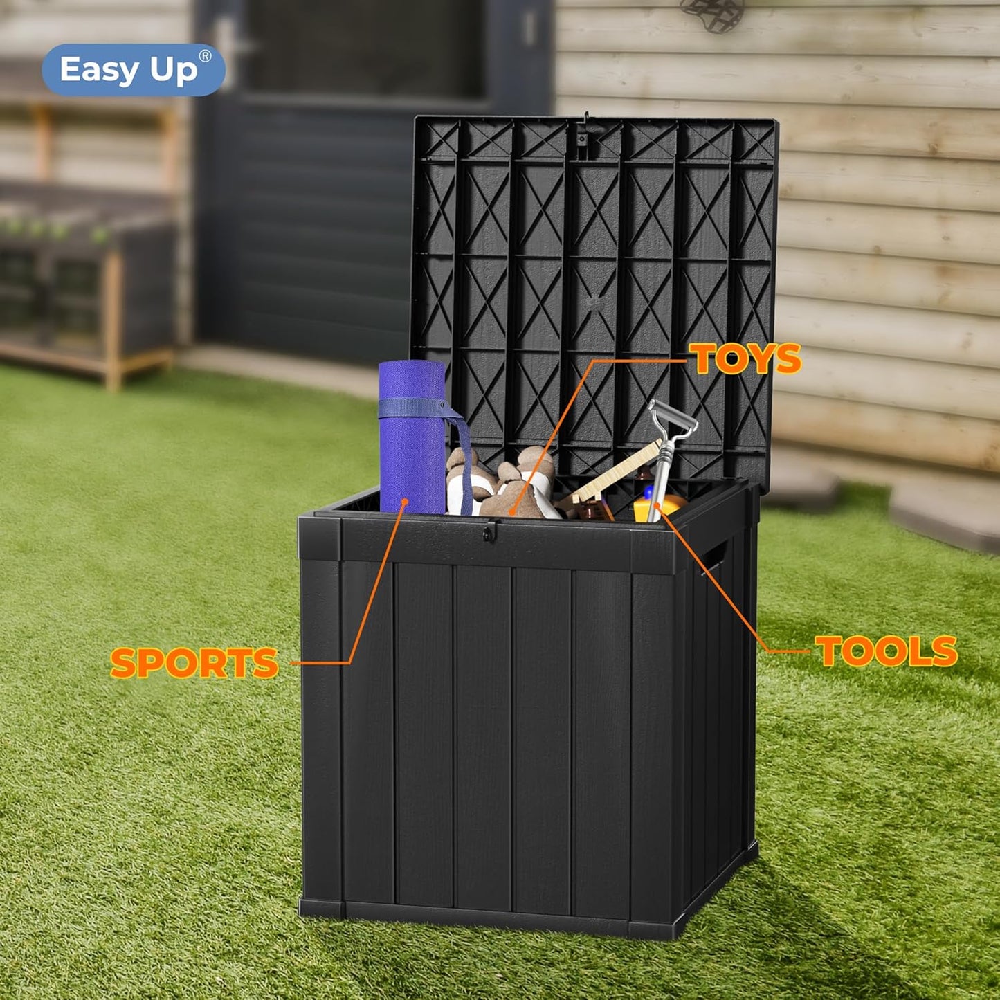 50 Gallon Double-Wall Resin Deck Box - Lockable Waterproof Outdoor Storage Box, 515bs Capacity & Doubles as Seating for Patio Furniture - Garden Tools, Pool Accessories (Black)