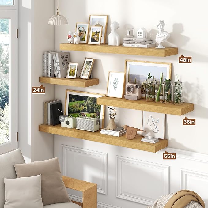 Heimlove 55 Inch Floating Shelves for Wall,10 Deep Large Rustic Wall Shelf with Heavy Duty Brackets,Wall Mounted Storage & Display Shelves for Bedroom,Living Room,Kitchen,Office,Oak Color