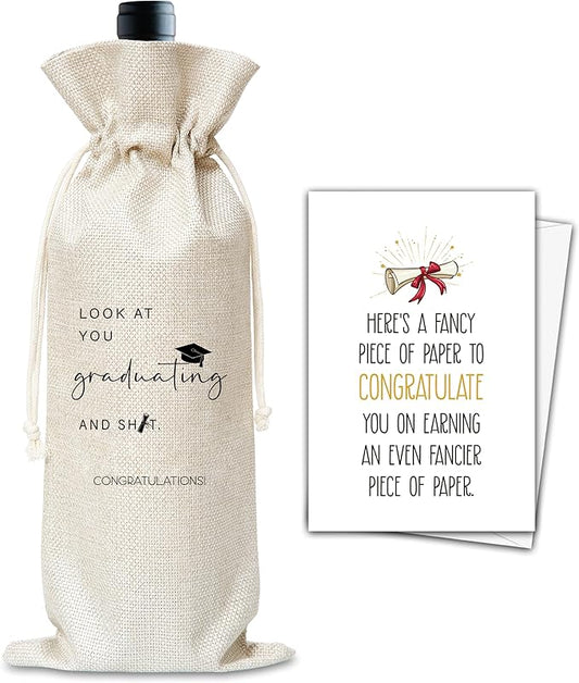 Graduation Wine Gifts Bag, Congratulations Graduation Reusable Wine Bag, Champagne Gifts Bag, Congrats Gifts For College Masters Doctorate Graduation Party, Burlap Drawstring Wine Bag With Card-18