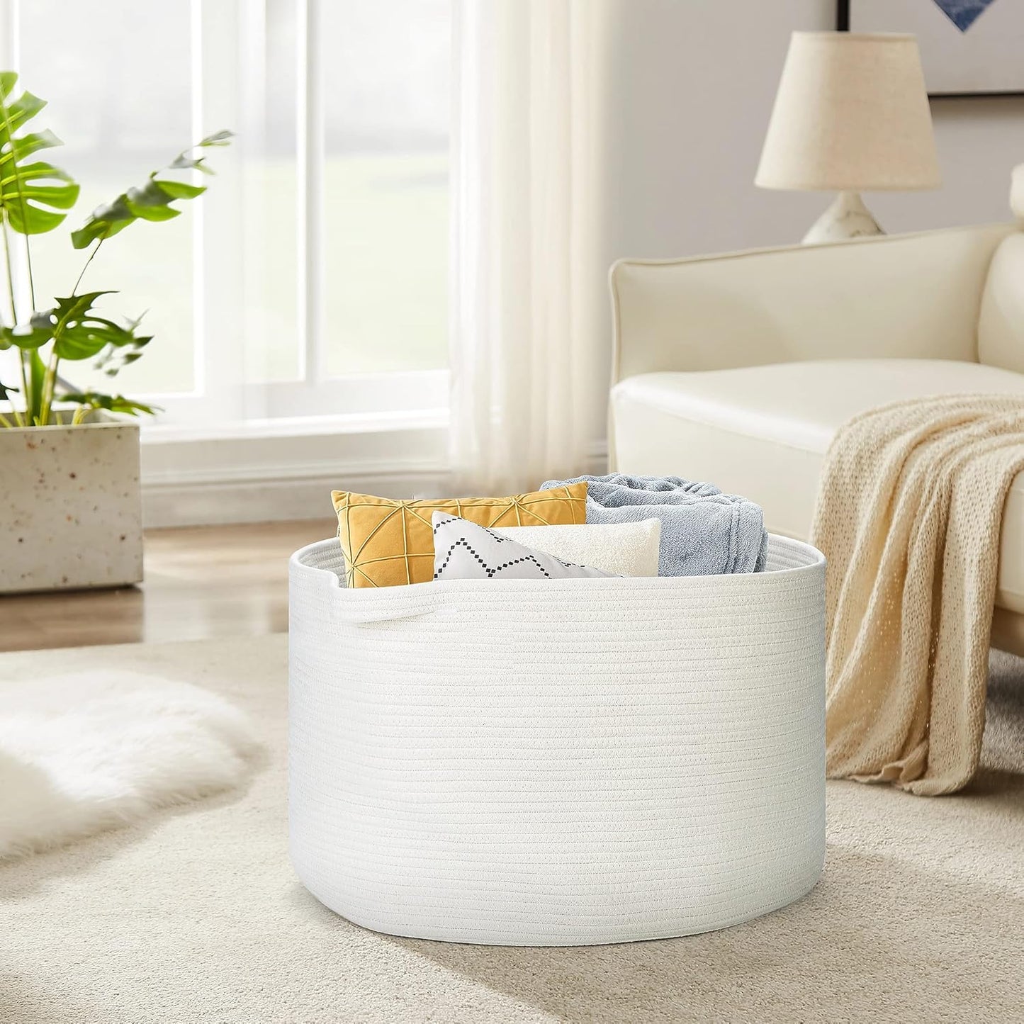 Ravinte Blanket Basket - 20"x 20"x 13" Cotton Rope Basket for Living Room, Baby Toy Storage Basket, Large Woven Laundry Basket (White)