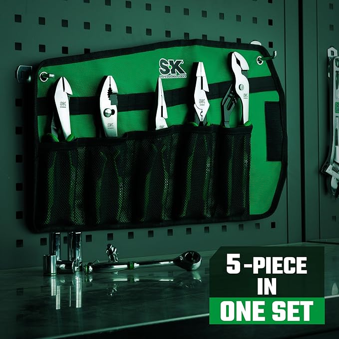 SK 5-Piece Pliers Set, 8" Needle Nose & Slip Joint & Diagonal Pliers, 9.5" Linesman, and 10" Groove Joint, CR-V Construction, Anti-slip Handle, with Rolling Pouch
