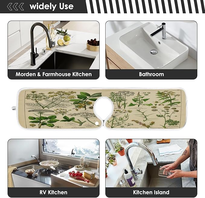 Kitchen Faucet Absorbent Mat, Antique Botanical Water Splash Guard for Sink, Faucet Drip Catcher Thicken Sponge Microfiber Faucet Water Catcher Mat Sink Absorbent Mat for Kitchen 23x5in 2 Pack