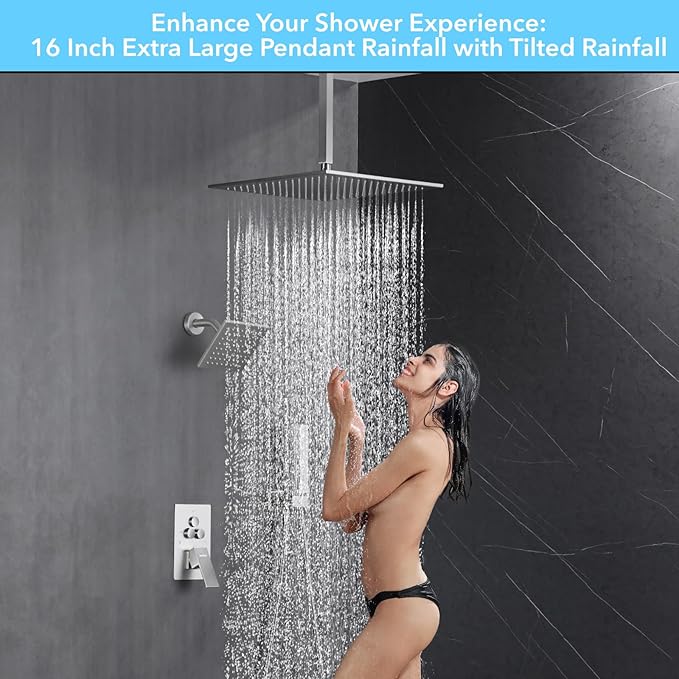 VANFOXLE Shower Faucet Set Brushed Nickel Shower System,Shower Faucet with 2 in 1 Handheld,Ceiling Mount 16 Inch Shower Head+6 Inch Shower Head(Rough-in Valve Body and Trim)