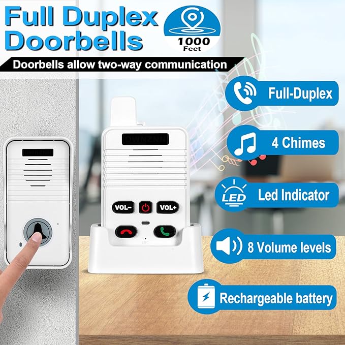 Wireless Doorbell System & Full Duplex Intercom Doorbell Wireless Hands-Free Waterproof Wireless Doorbells for Home Classroom, 1000ft Range, 8 Volume Levels, 4 Chimes, Easy Install(2 Packs, White)