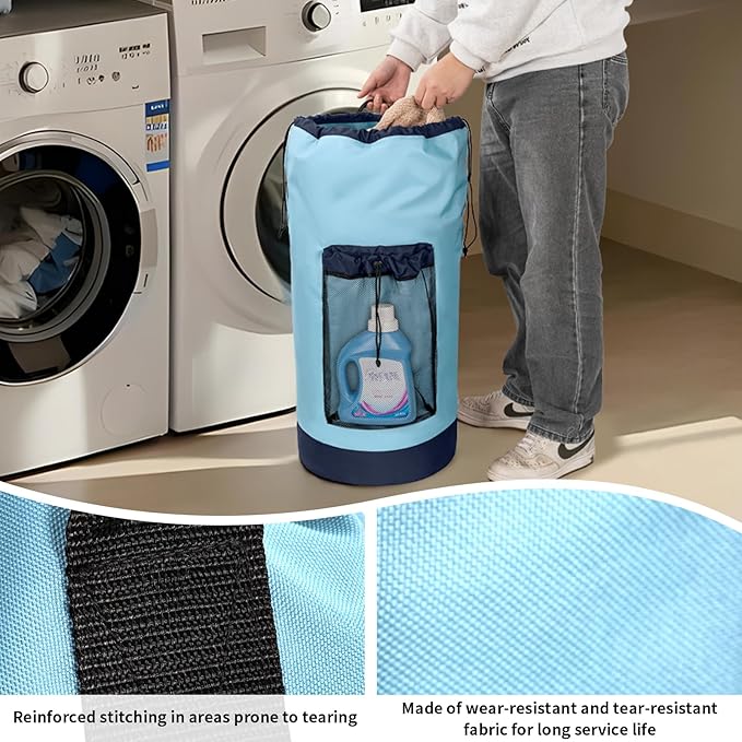 Laundry Bag Backpack with Shoulder Straps and Mesh Pocket Foldable Laundry Hamper for College, Apartment, Laundromat (Light Blue)