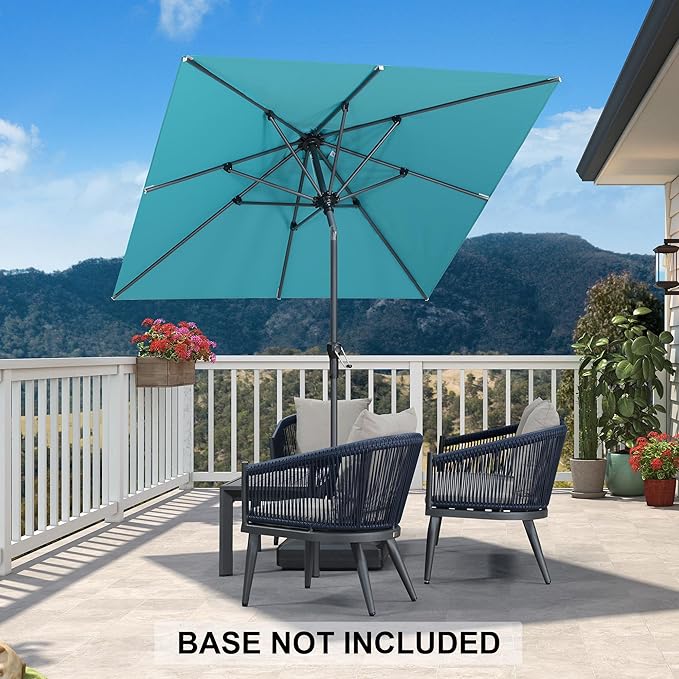 PURPLE LEAF 6.5' x 6.5' Square Patio Umbrella Outdoor Table Umbrella Aluminum Frame Market Umbrella Sun Umbrella with 8 Sturdy Ribs Tilt for Garden Deck Lawn Pool Light Turquoise Blue