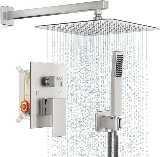 Shower Faucet Set Bathroom Square Rain Shower Head and Handle Set, Wall Mounted Shower Fixtures, Full Metal Trim Repair Kit 12 inch Brushed Nickel (With Shower Valve)