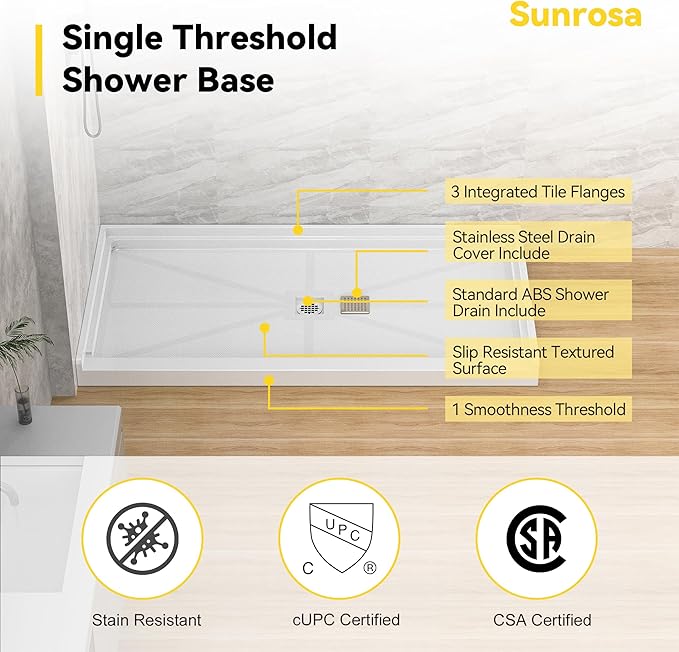 Sunrosa Shower Base 60"×32"×4", Single Threshold Shower Bases with Center Drain, Rectangle Solid Surface White Shower Pan, Slip Resistant Textured Surface, Include Stainless Steel Chrome Cover
