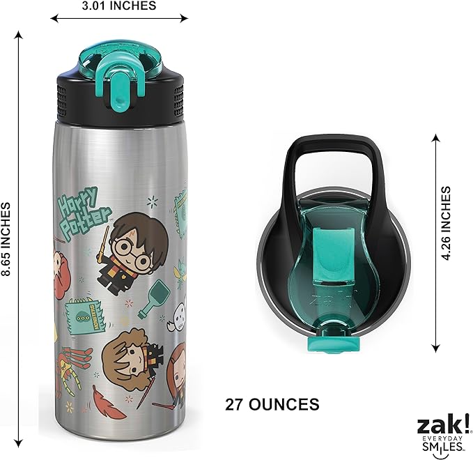 Zak Designs 27oz Harry Potter 18/8 Single Wall Stainless Steel Water Bottle with Flip-up Straw and Locking Spout Cover, Durable Cup for Sports or Travel (27oz, Harry Potter)