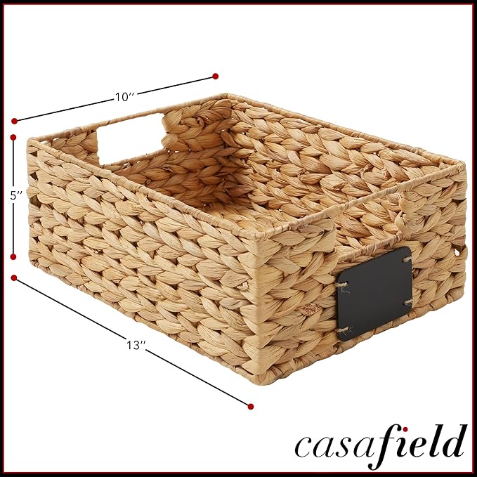 Casafield Set of 4 Water Hyacinth Pantry Baskets, 10" x 13" x 5", with Chalkboard Labels and Chalk Marker - Natural, Woven Storage Bin Organizers for Kitchen Shelves