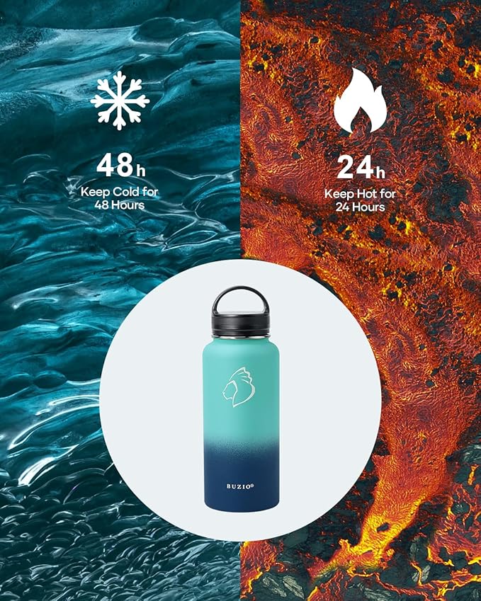 BUZIO Water Bottle with Straw lid, Spout Lid, Hand Lid and Carrying Pouch, 32oz 40oz 64oz Stainless Steel Water Flask Jug, Cold for 48 Hrs Hot for 24 Hrs Double Vacuum Thermo Canteen Mug, BPA-Free