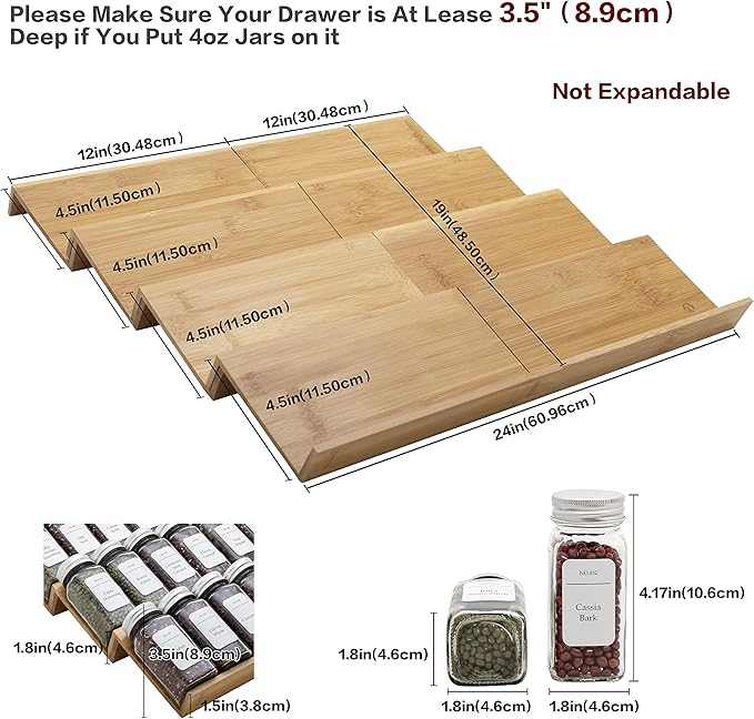 Bamboo Spice Rack Drawer Organizer - 8 Piece Set - 12" Wide, Combine Into 24" Rack (12" or 24")