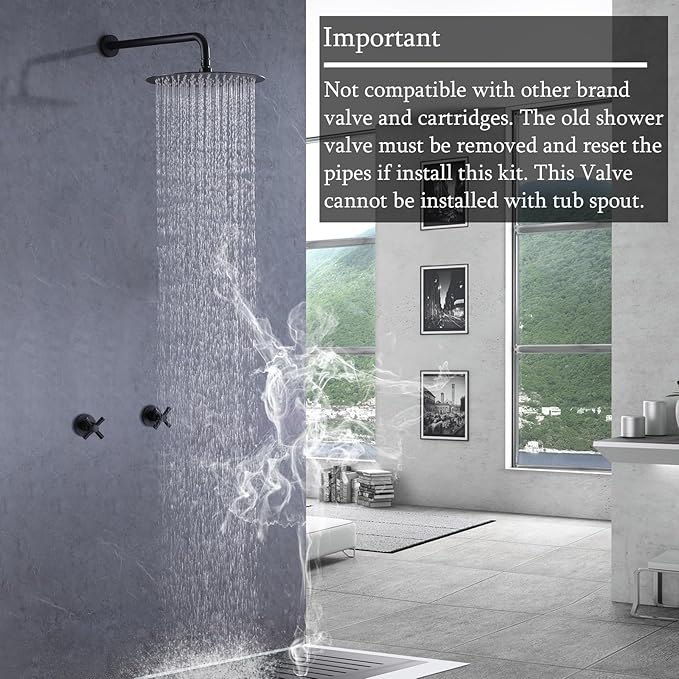 2 Handles Shower with 10'' Rainfall Shower Head,Single Function Shower Trim Kit with Rough-in Valve,Wall Mount,Matte Black