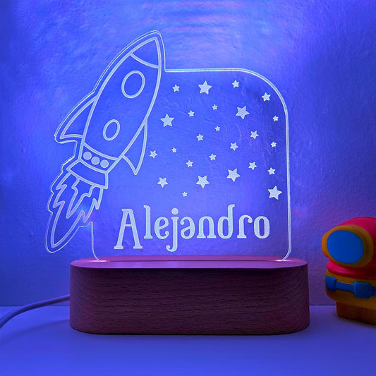 Personalized Night Light | Custom Nightlight for Kids | Nursery Baby Room Decor | Children's Bedroom Gift | LED colors | Stars Night Light (Rocket Ship)