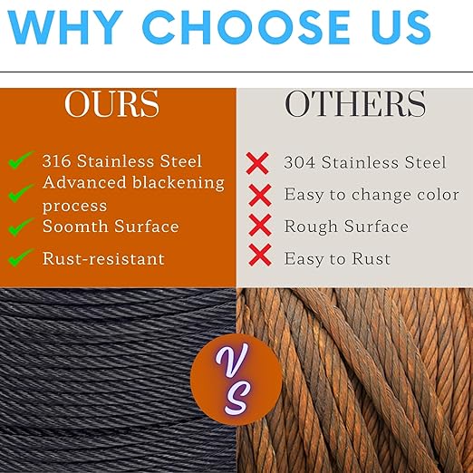 400ft 1/8" Black Wire Rope Cable, T316 Stainless Steel Marine Grade for Cable Railing, Stairs and Fences -Flexible 7 x 7 Strands Construction