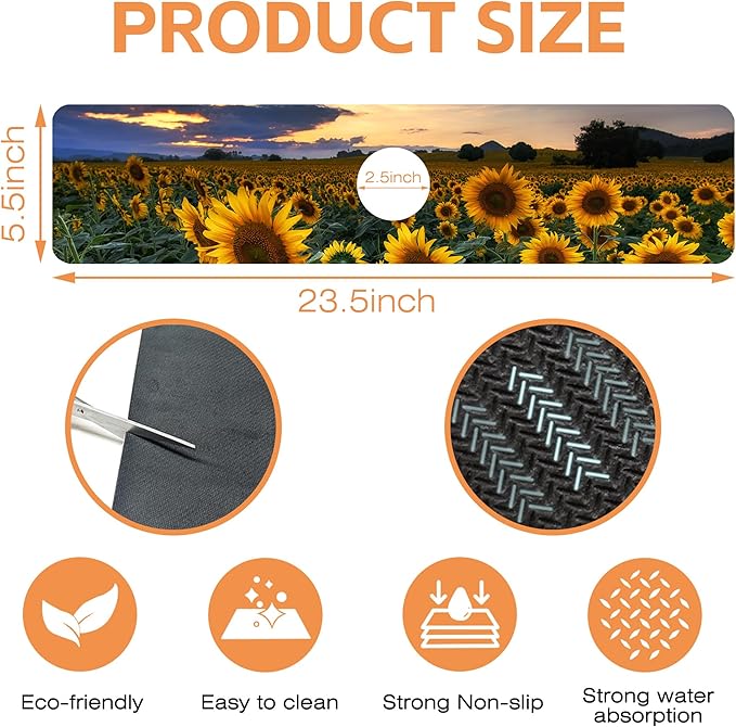 Kitchen Sink Splash Guard Faucet Mat Sunflowers Blooming at Sunset Sink Splash Guard Behind Faucet,1 PC Soft Diatom Mud Non-Slip Mat-for Kitchen,Dish Drying Mat,Bathroom Faucet Mat 23.5"X5.5"