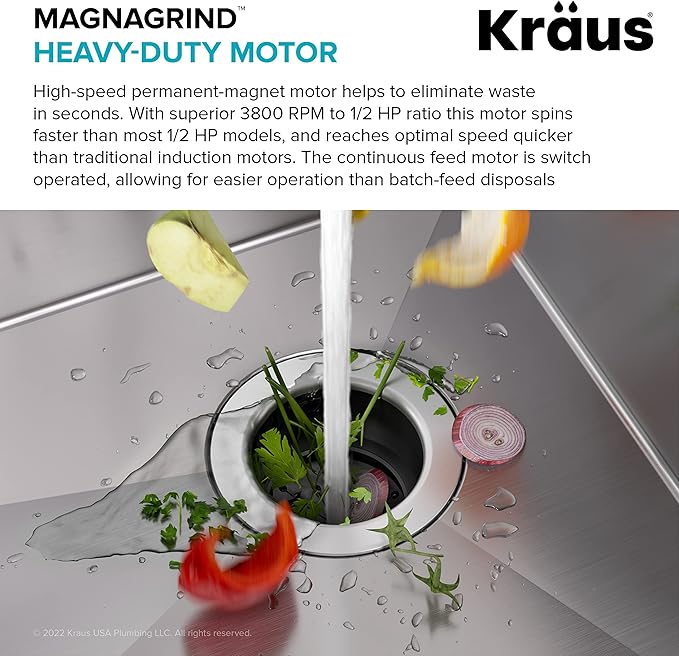 KRAUS WasteGuard 1/2 HP Continuous Feed Ultra-Quiet Motor Garbage Disposal with Quick Connect Mount, Power Cord and Flange Included, KWD110-50MBL