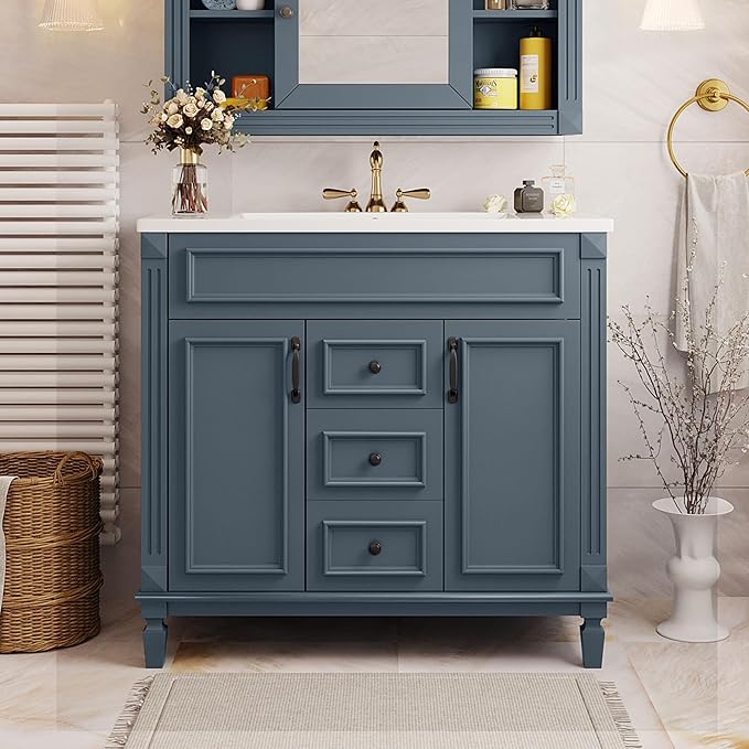 Merax 36” Bathroom Vanity with Sink, Freestanding Single Bathroom Sink Vanity Cabinet Set with 36” Countertop & Integrated Sink, 2 Doors & 2 Drawers (Sink Cabinet Only, Blue)