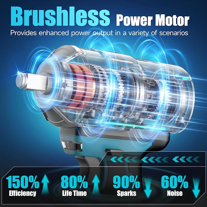 Cordless Impact Wrench, 1/2 Impact Gun with 2 * 4.0A Battery, Brushless Max Torque 885ft-Lbs (1200N.m) Electric Power Impact Driver with Charger & 6 Sockets for Car/DIY Furniture/Lawn Mower