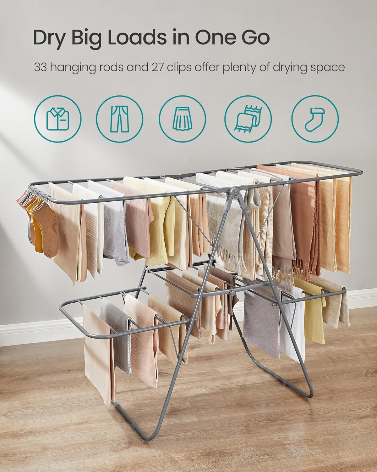 SONGMICS Clothes Drying Rack, Foldable 2-Level Laundry Drying Rack, Free-Standing Laundry Airer, with Height-Adjustable Wings, 33 Drying Rails, Sock Clips, Gray ULLR053G02V1
