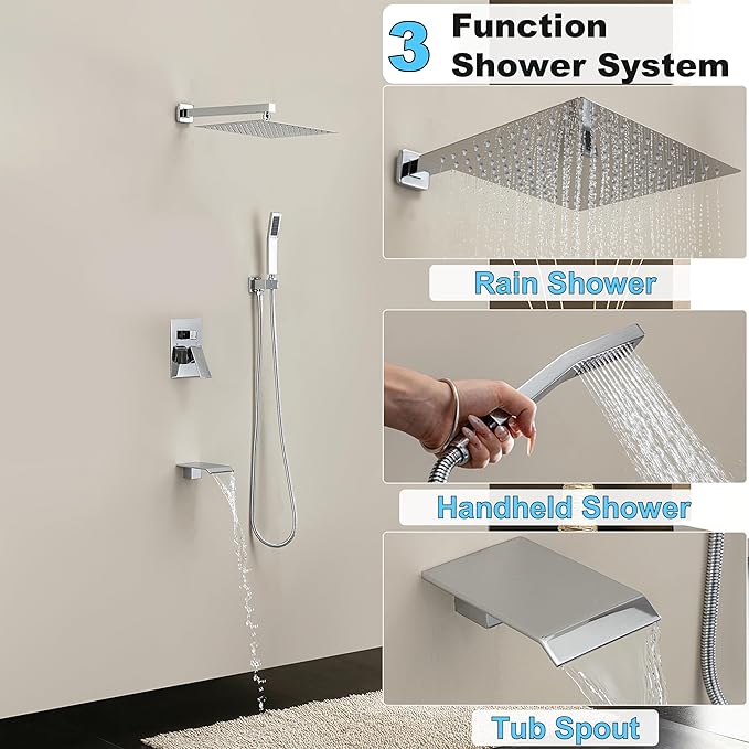 Shower System with Tub Spout, Wall Mounted Shower Faucet Set for Bathroom with 12 Inch Rain Shower Head and Handheld Shower Head Set, Polished Chrome