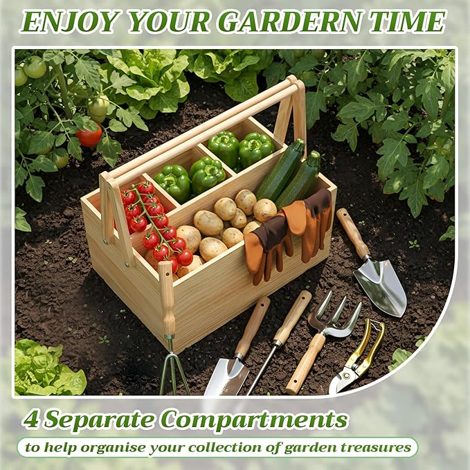 Remerry 8 Pcs Garden Tools Set with Basket Wood Stainless Steel Gardening Hand Tool, Pruning Shears, Gloves, Garden Caddy Harvest Basket Gardening Gifts Planting Supplies for Women Men