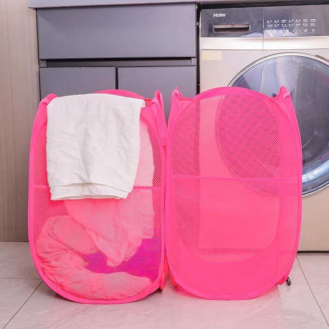 Collapsible Mesh Laundry Basket，Pop Up Laundry Hamper-Easy Storage, Ideal for Home and Travel Use (2 rose)