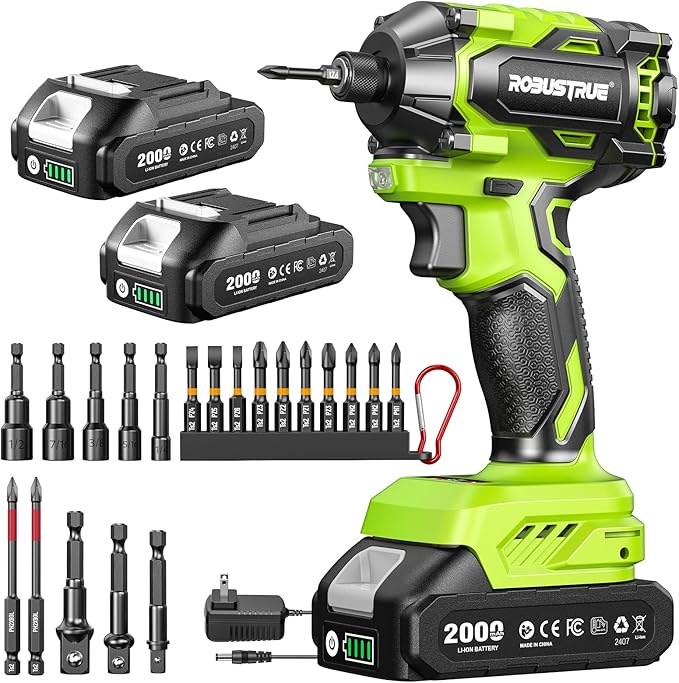 Impact Driver: 21V 1/4" Hex Cordless Impact Driver, 230N.m (2,035in-lbs) Brushless Impact Driver Drill Set, 20Psc Screwdriver Bits, 2.0 Ah Battery, Variable Speed for DIY and Automotive