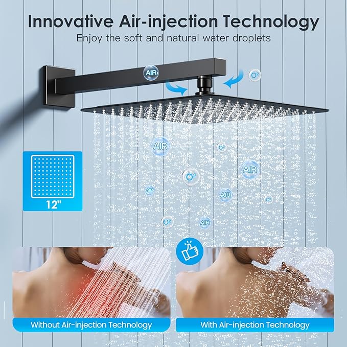 Shower System Shower Faucet Set with Push-Button Diverter and Wall Supply Elbow 12 Inch Shower Head Matte Black