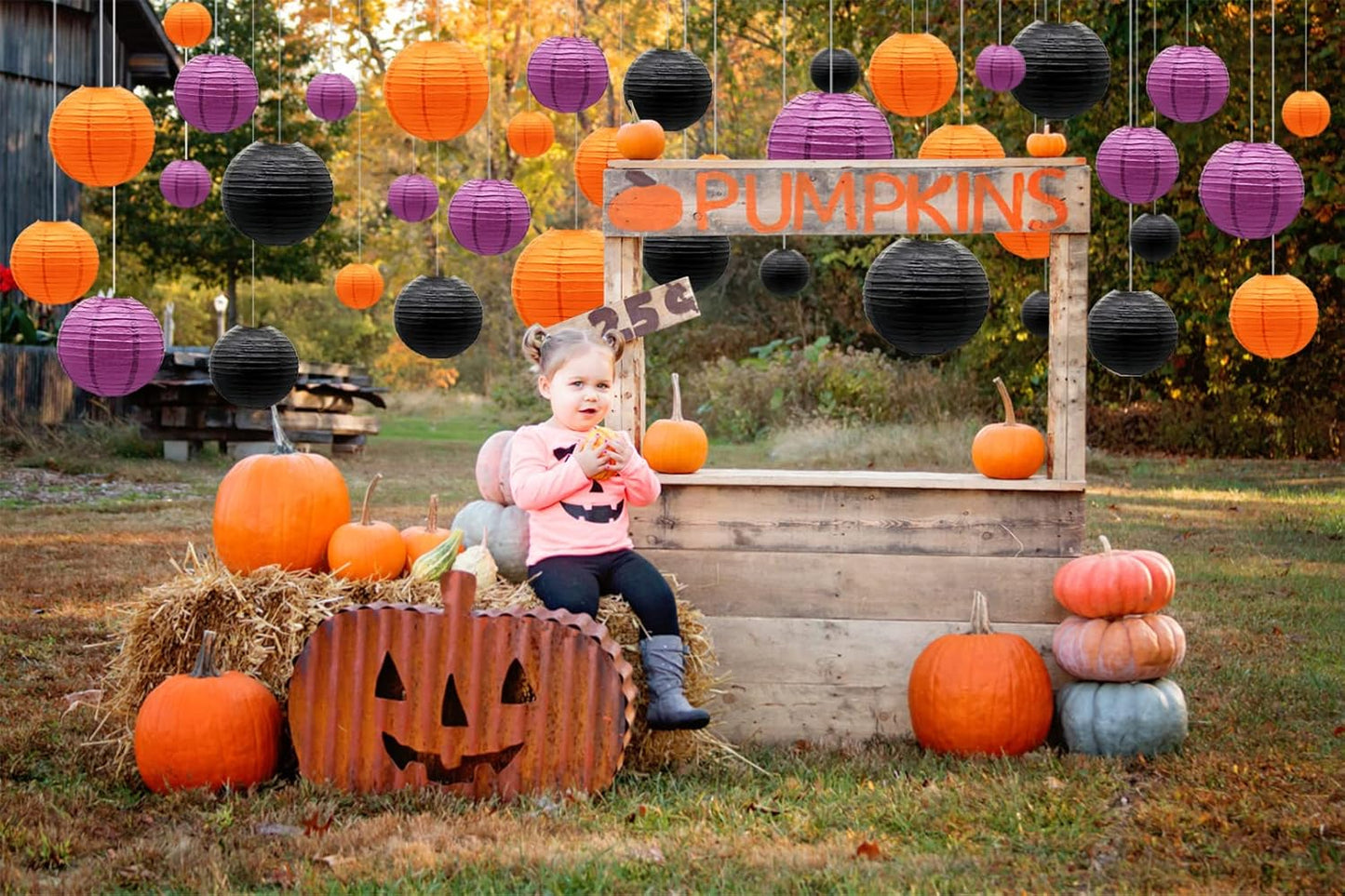 ADLKGG Paper Lanterns Party Decorations, Orange Purple Black Round Hanging Lanterns for Graduation Halloween Thanksgiving Birthday Party Decorations, 21pcs