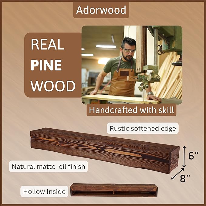 Handmade Fireplace Mantel Shelf 48", Extra Wide Rustic Wood Mantles for Over Fireplace, Wall Mounted Floating Mantel Shelves for Living Room Decor (Light Walnut, 48Lx6Hx8D)