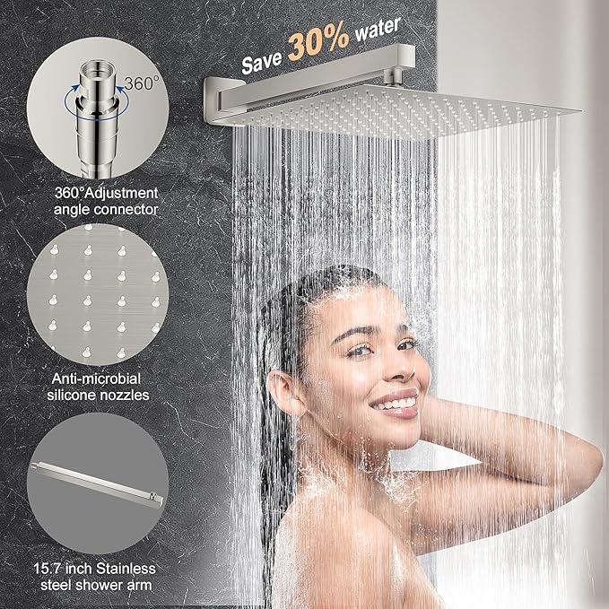 JOMEOO® 12 Inch Brushed Nickel Shower System, Wall Mounted High Pressure Rain Shower Head with Handheld Sprayer, Bathroom Luxury Rainfull Shower Head Shower Faucet Set Rough in Valve Body and Trim