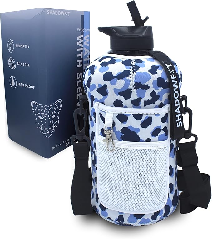 Half Gallon Water Bottles (74 ounce, 2.2 Liter) with Straw Lid Handle and Storage Sleeve - Large Jug Holder with Strap for Drinking during Workout and Exercise