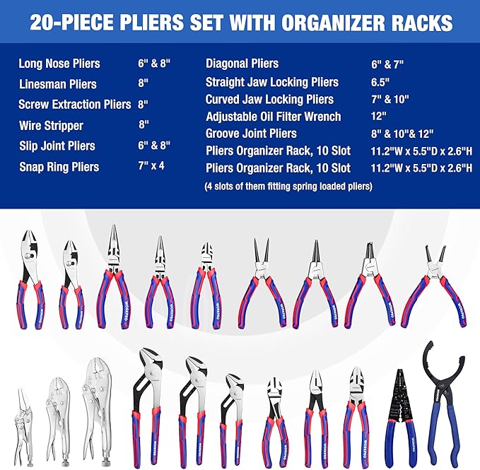 WORKPRO Pliers Set, 20-Piece Full Assortment of Pliers with 2-pack Plier Organizer Rack, Great Fits for Tool Box Drawer or Tool Chest, Ideal as Holiday, Fathers' Day and Christmas Gift