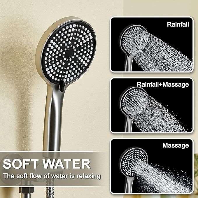 Shower Faucet Set Rain Shower System Valve Kit with Head -3 Setting Handheld High-Pressure Shower Fixtures Valve Included (Brushed Nickel)
