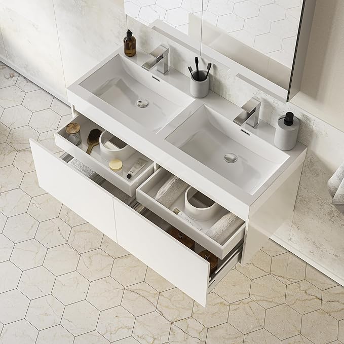 Fresca Mezzo 48 Inch White Wall Mount Modern Double Bathroom Vanity and Medicine Cabinet - Includes Double Integrated Sinks with 4 Soft-Closing Hidden Drawers - Faucets Sold Separately