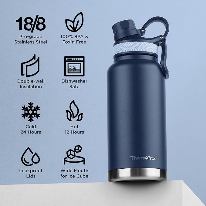 ThermoProof Double Walled Vacuum Insulated Stainless Steel Water Bottle - 32oz, Straw Lid & Spout Lid - Leak Proof - Gym, Hiking Bottles for Men, Women & Kids - Hot & Cold (Navy 32oz)