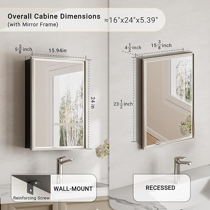 Brushed Nickel Medicine Cabinet, 16''x 24'' Recessed or Surface Framed Medicine Cabinet with Beveled Mirror Pre-Assembled, Reversible Bathroom Storage Vanity Cabinet with Adjustable Shelves
