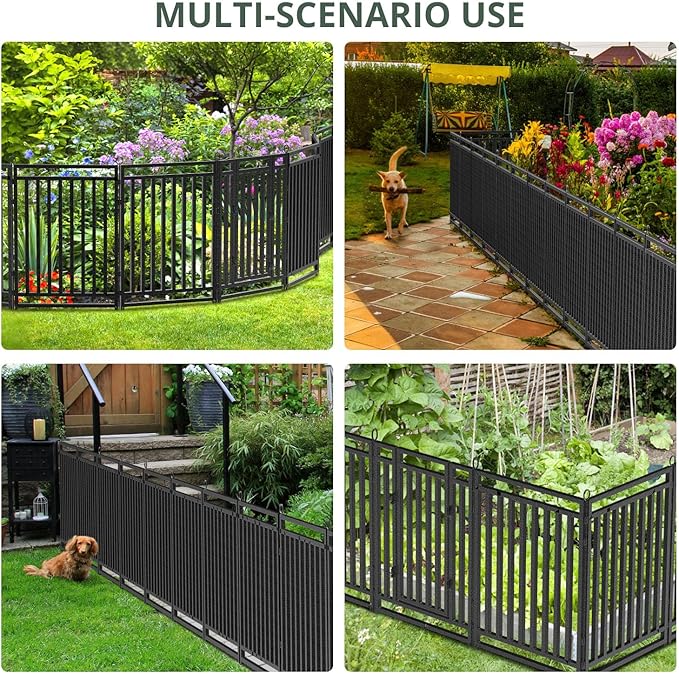 Decorative Garden Fence Large Dog Fence Outdoor for Yard, 72ft (L) × 40in (H), 28 Panels + 4 Gates, Metal Animal Barrier Fencing for Patio & Flower Bed, No Dig, Black-Silver