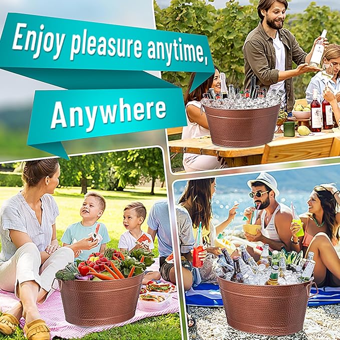 Large Ice Buckets with Handles for Parties, IKAYAS Beverage Tub Rose Copper Stainless-Steel Ice Tub with Scoop and Tongs for Cocktail Bar Mimosa Bar Supplies