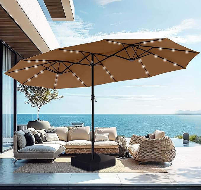 PHI VILLA 15ft Large Patio Umbrella with Solar Lights, Double-Sided Outdoor Market Rectangle Umbrellas with 36 LED Lights, Umbrella Base (Stand) Included, Maillard Brown