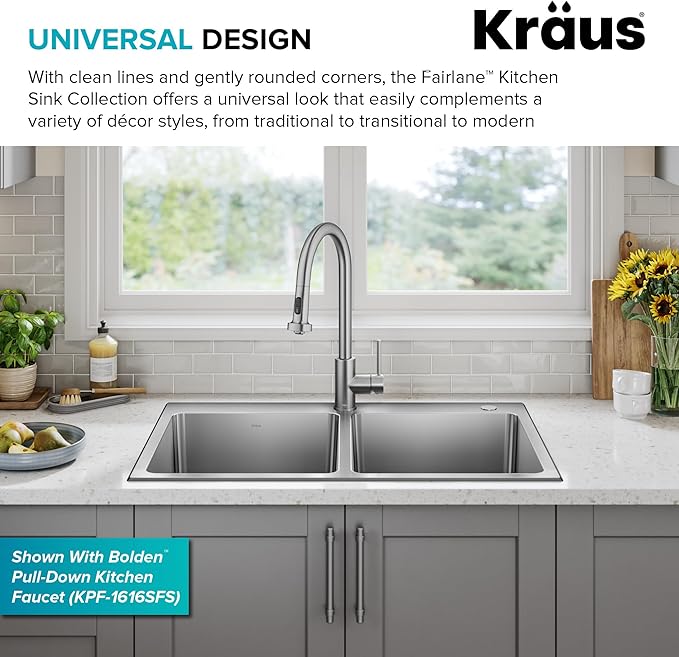KRAUS Fairlane 33-inch Drop In/Top Mount Double Bowl 18-Gauge Stainless Steel Kitchen Sink, KHT632-33