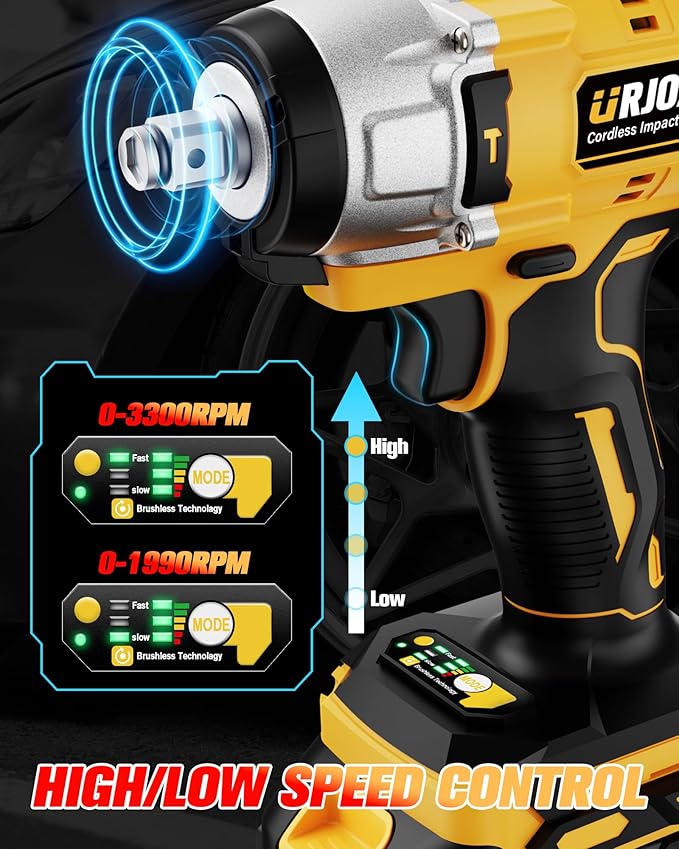 Cordless Impact Wrench - 590Ft-lbs (800N.m) Brushless 1/2 inch, 3300RPM High Torque Impact Gun, 2x 4.0Ah Battery, Charger & 7 Sockets, Electric Impact Wrench for Car Home