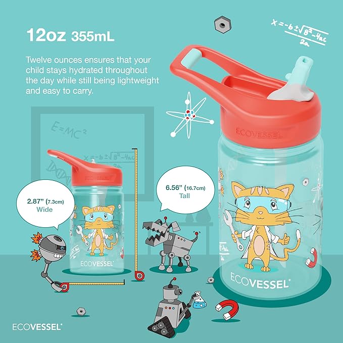 EcoVessel SPLASH Tritan Plastic Kids Water Bottle with Straw, Leak Proof Flip Top Lid, and Carry Handle Kids Cups Sports Water Bottle 12 oz (Science Cat)